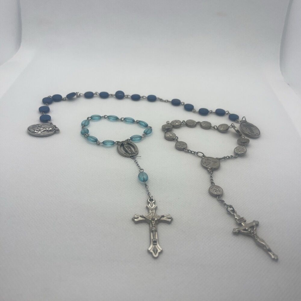 Vintage Lot of 3 Rosary Silvertone & Beaded Bracelets